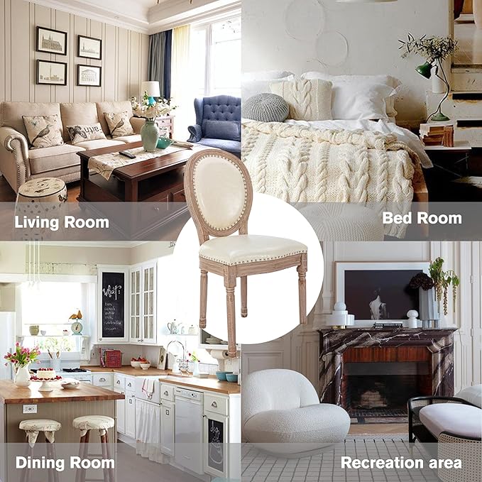 Nrizc French Country Dining Chairs Set of 6, Leather Farmhouse Dining Room Chairs with Round Back, Solid Wood Legs, Oval Side Chairs for Kitchen/Bedroom/Dining Room