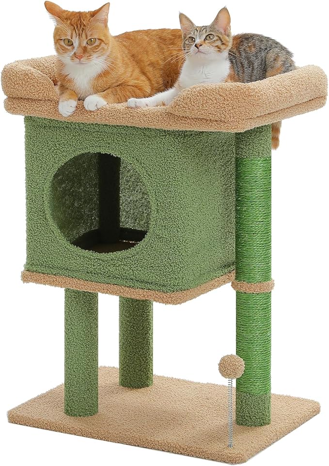 PAWZ Road Cat Tree for Indoor Cats, 26 Inches Cactus Cat Tower with Large Perch, Private Condo, Small Cat Condo with Spring Ball & 2 Scratching Posts for Cats