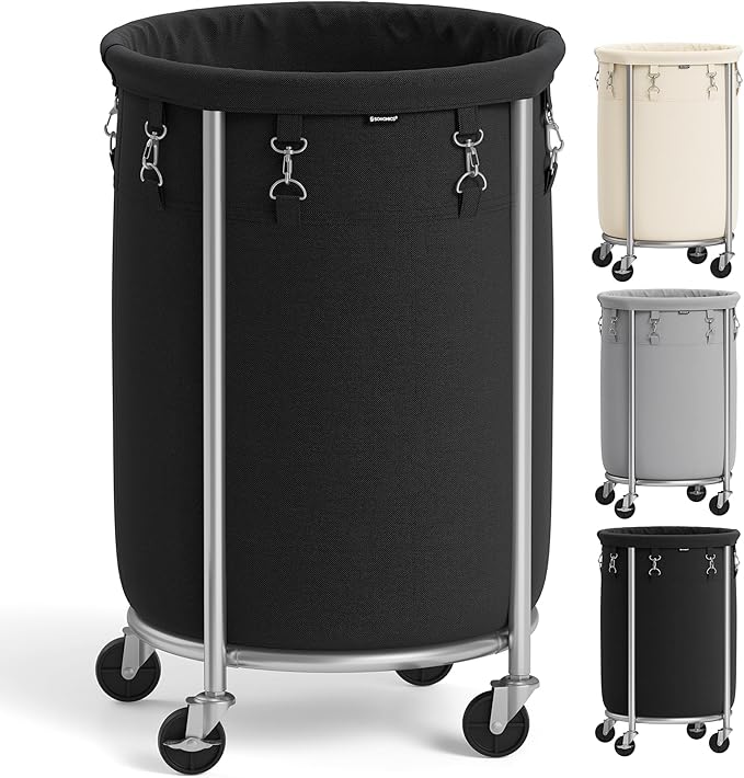 SONGMICS 18.5-Gallon (70 L) Laundry Basket with Wheels, Rolling Round Heavy-Duty Laundry Hamper Cart with Steel Frame and Removable Bag, 2 Locking Wheels, Ink Black and Metallic Silver URLS006B01