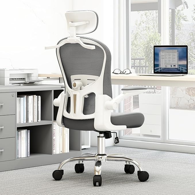 Ergonomic Gaming Chair with Adjustable Lumbar Support and Headrest, High Back Computer Chair for Office and Home Desk, 90-120° Reclining Swivel Task Chair with Flip-Up Arms(White-Grey)