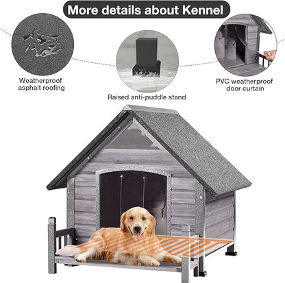 Dog House Outdoor, Chew-Proof Metal Frame Dog Kennel Shelter for Large Breeds,Weatherproof (Grey-H, Large)