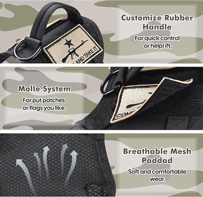 Tactical Cat Harness and Leash, Escape Proof Large Cat Walking Vest,Adjustable Soft Mesh Pet Vest Harness with Control Handle, Molle Patches Black