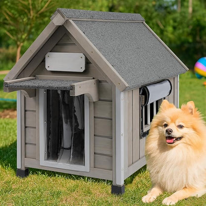 Wooden Outdoor Dog House for Small Dogs, Weatherproof Pet Shelter with Reinforced Frame, Ventilated Window, PVC Door Flap, and Nameplate,18" L x 25" W x 24" H