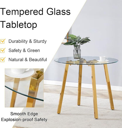 Round Dining Table Set for 4,36" Glass Dining Table Set for 4 with Stainless Steel Leg,Small Kitchen Table Set for 4 with Cushion Chairs,5 Piece Dining Table Set Space Saving