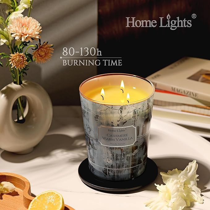 HomeLights Scented Candles for Women & Men, 34oz Candle Jars Aromatherapy 3-Wick Candle, Ideal for Industrial Chic Home Decor and Gifts, Cashmere Warm Vanilla
