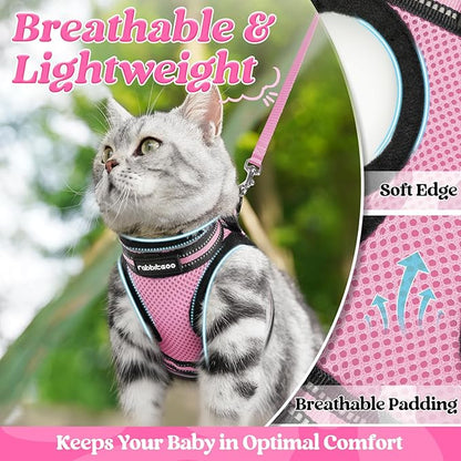 rabbitgoo Cat Harness and Leash Set for Walking Escape Proof, Adjustable Soft Kittens Vest with Reflective Strip for Cats, Comfortable Outdoor Vest, Pink, L