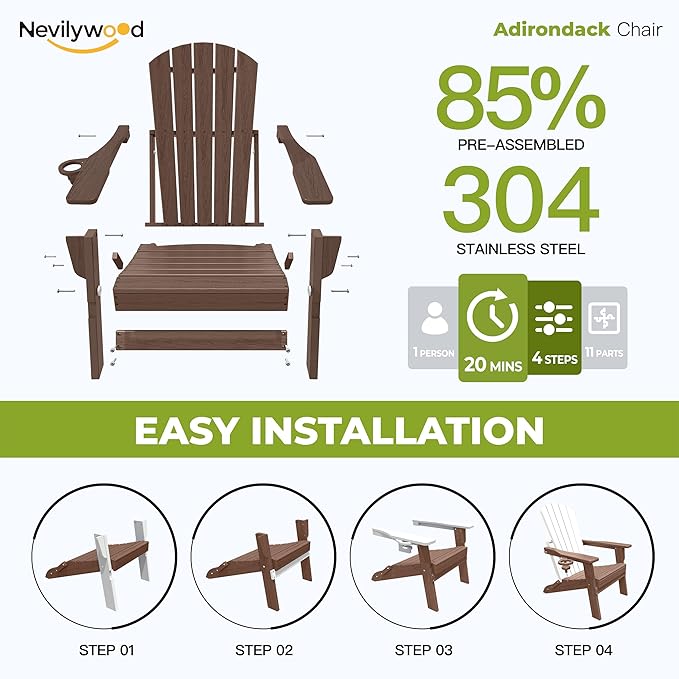 nevilywood Folding Adirondack Chair with Cup Holder Set of 4, HDPE Patio Chairs,All-Weather Outdoor Chairs for Backyard, Deck,Fire Pit-Coffee