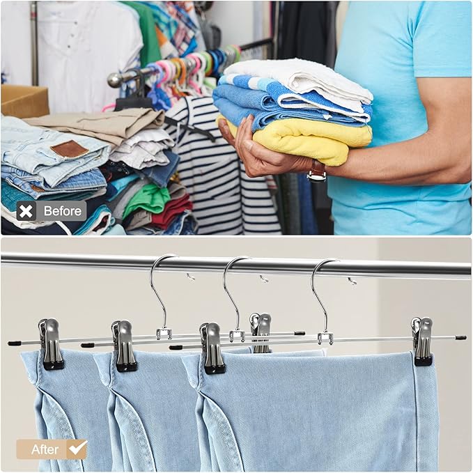 Pants & Skirt Hangers with Adjustable Non-Slip Clips - Space Saving Metal Hangers for Coats, Garments & Jeans - 10 Pack