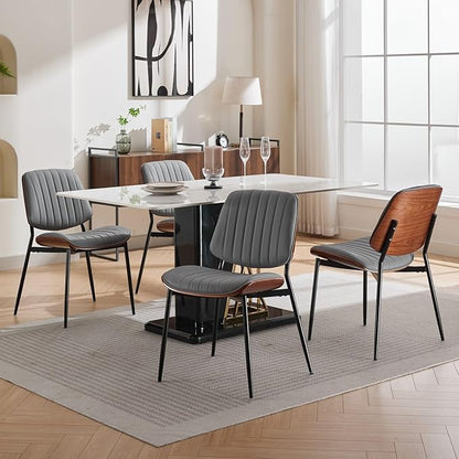 Dining Chairs Set of 2, Mid Century Modern Accent Dining Room and Kitchen Chairs, Upholstered PU Leather Vertical Stripe Chairs for Vanity with Walnut Bentwood and Metal Legs, Gray