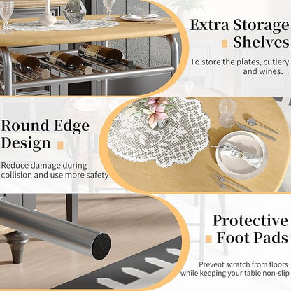 VECELO 3-Piece Dining Table Set for Kitchen Breakfast Nook, Wood Grain Oval Tabletop and Metal Frame with Built-in Wine Rack, for Small Spaces, Natural & Silver