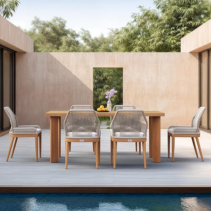 PURPLE LEAF 7 Pieces Patio Dining Set Aluminum Modern Rectangular Table and Wicker Chairs with Cushions for Kitchen Porch Garden Outdoor Furniture Sets, Teak