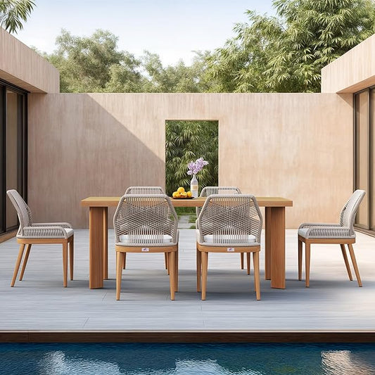 PURPLE LEAF 7 Pieces Patio Dining Set Aluminum Modern Rectangular Table and Wicker Chairs with Cushions for Kitchen Porch Garden Outdoor Furniture Sets, Teak