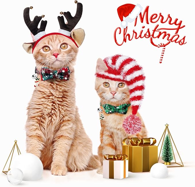 LLHK 4 Pack Christmas Cat Collars with Bow Tie and Bell,Breakaway Kitten Collar for Girl Boy Cats,Adjustable 7-12inch, for Kitty Kitten Adult Cats,Pet Supplies,Stuff,Accessories