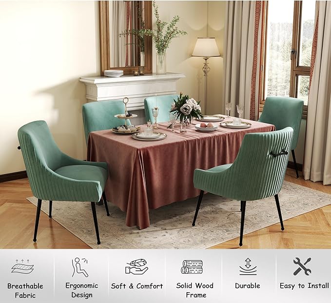 Velvet Dining Chairs Set of 6,Green Upholstered Living Room Chairs with Black Metal Legs, Modern Tufted Accent Chairs for Living Room, Study Room, Kitchen