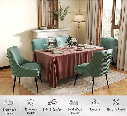 Velvet Dining Chairs Set of 6,Green Upholstered Living Room Chairs with Black Metal Legs, Modern Tufted Accent Chairs for Living Room, Study Room, Kitchen
