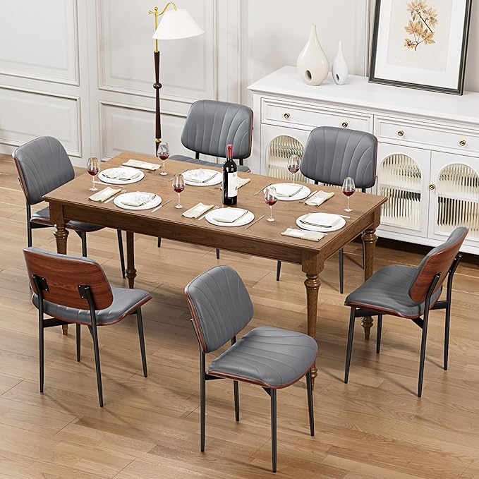 Dining Chairs Set of 4, Dining Room and Kitchen Chairs, Mid Century Modern Accent Chair, Upholstered PU Leather Chairs for Vanity with Walnut Bentwood and Metal Legs, Gray