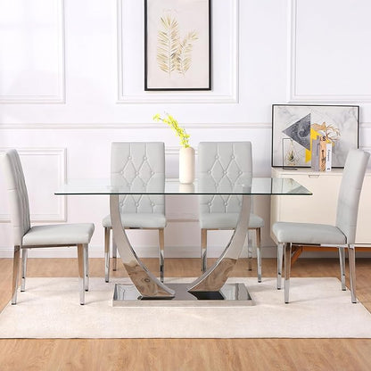 Modern Dining Table Set for 4,Dining Room Table Set for 4,Kitchen Table Set with 4 PU Leather Chairs,63'' Glass Dining Table Set with Silver U-Shaped Table Legs and Rectangular Base