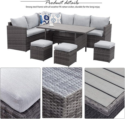 Wisteria Lane Outdoor Patio Furniture Set, 7 Piece Outdoor Dining Sectional Sofa with Dining Table and Chair, All Weather Wicker Conversation Set with Ottoman, Light Grey Cushion