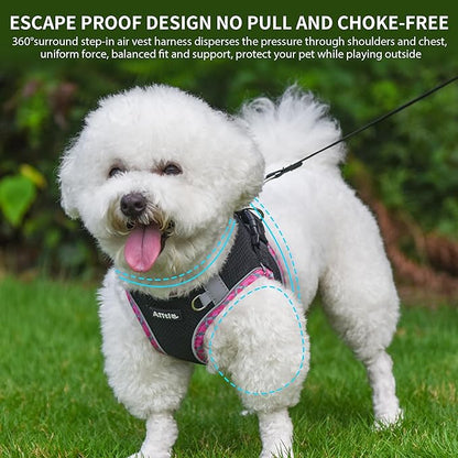 AIITLE Teacup Puppy Harness with Leash - Adjustable Soft Vest with Magic Tape & Reflective Safety Strips, Easy-Put-On for Poodles, Pomeranians - Gym, Hiking, Travel (Black, S)