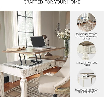 Signature Design by Ashley Realyn French Country 3-Drawer 2-Piece Home Office Desk with Spring Lift Top, USB Ports and AC Plug-Ins, Dark Brown & White