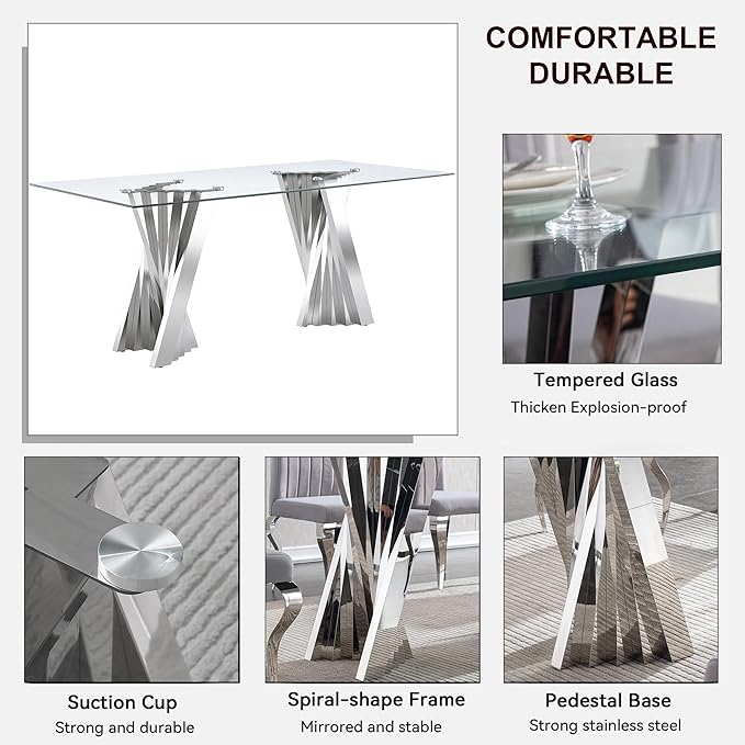 Goujxcy 70" Glass Dining Table Set for 6, Modern Silver Dining Table Set with 6 Black Velvet Upholstered Dining Chairs, 7 Piece Kitchen Dining Room Table Set with Stainless Steel Legs