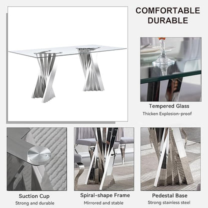 Goujxcy 70" Glass Dining Table Set for 4, Modern Silver Dining Table Set with 4 Beige Velvet Upholstered Dining Chairs, 5 Piece Kitchen Dining Room Table Set with Stainless Steel Legs