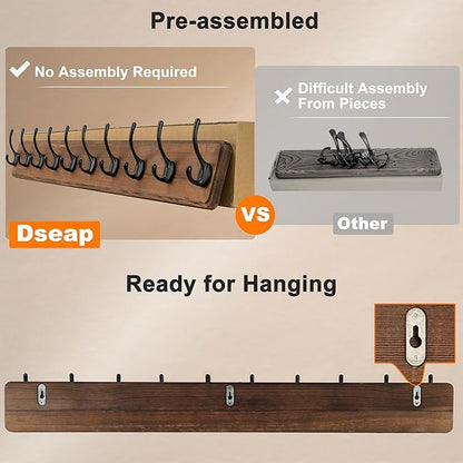 Dseap Coat Rack Wall: 38-1/4" Long, Patented, Heavy-Duty, 10-Double-Hooks Wooden Wall Mounted Coat Rack Coat Hanger Hook Rail for Winter Coats Hat Jacket Clothing, Weathered Blue, Pack of 2