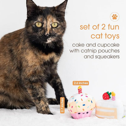 Pearhead Happy Birthday Cake Cat Toy Set, Stuffed Birthday Cake and Cupcake Cat Toys with Catnip and Squeakers, Interactive Fun Kitten Toys, Pet Owner Pet Birthday Gift, Ideal for Cat Lovers, Set of 2