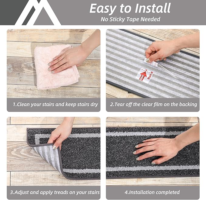 COSY HOMEER Soft Stair Treads Non-Slip Carpet Mat 28inX9in Indoor Stair Runners for Wooden Steps,Stair Rugs for Kids and Dogs, 100% Polyester TPE Backing 10pcs,Black,Square