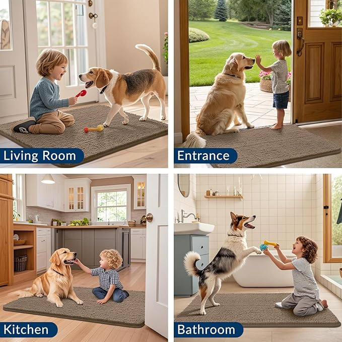 Smiry Dog Door Mat for Muddy Paws 59x35, Absorbs Moisture and Dirt Doormat, Non-Slip Washable Quick Dry Chenille Front Door Mat Indoor Entrance, Entryway Carpet for Inside Floor, Camel