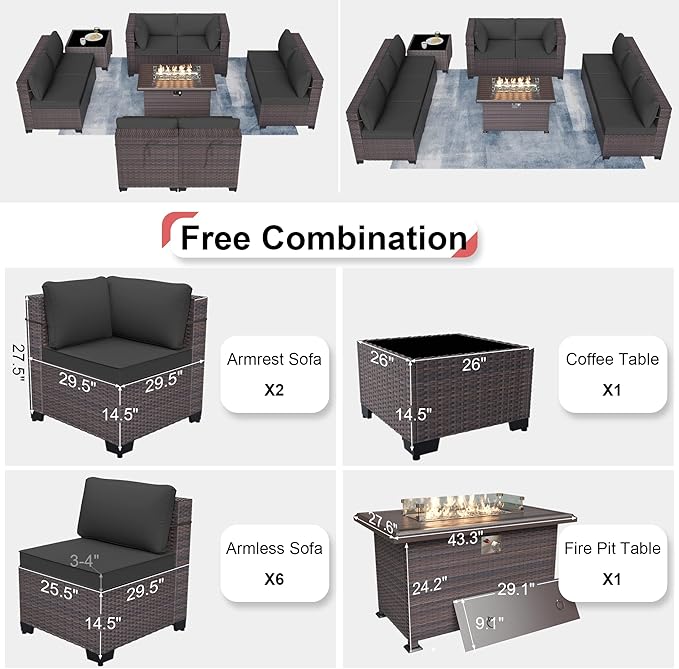 Kurapika 10 Pieces Patio Furniture Set, Rattan Wicker Outdoor Conversation Sets w/43in Propane Fire Pit Table and 4 Inch Cushion(Grey)
