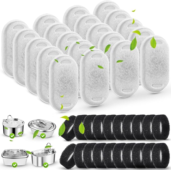 SORON Cat Water Fountain Filters for 67oz/2L and 108/3.2L Stainless Steel Pet Fountain Replacement Filters, 20 Dog Water Bowl Dispenser Filter Replacement with 20 Sponges, Easy to Install and Clean