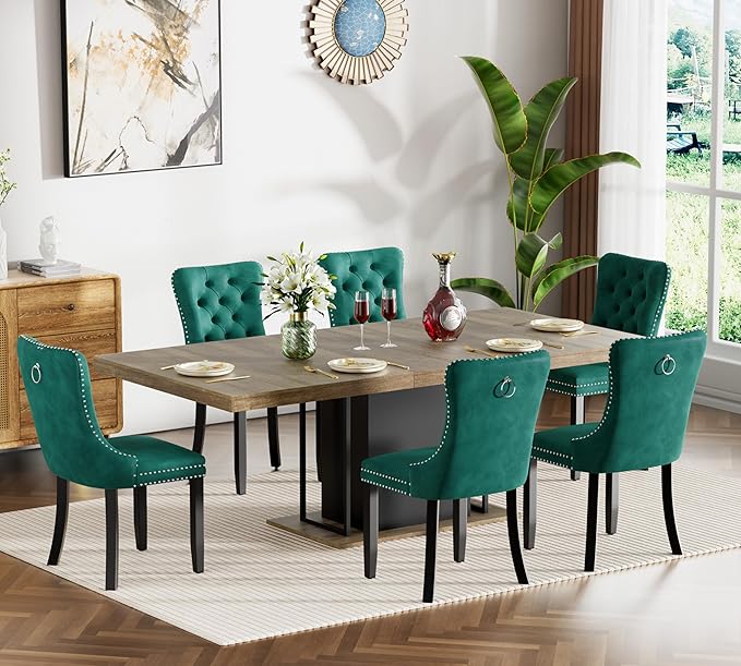 Goujxcy 78.7" Farmhouse Extendable Dining Room Table Set for 6, 7-Piece Rectangle Kitchen Dining Room Table Set with Wood Base and 6 Green Velvet Dining Chairs, Extending Kitchen & Dining Table Set