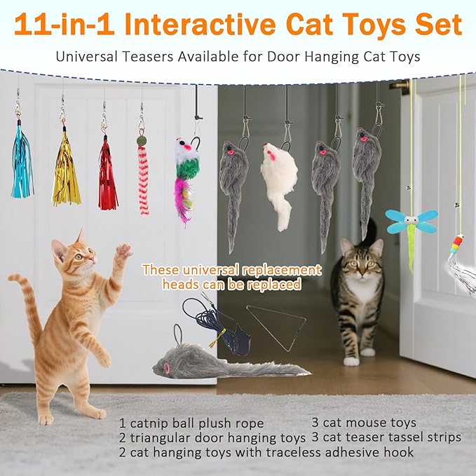 11 PCS Interactive Cat Toy for Indoor Cats, Kitten Toys with 4 Hanging Door Cat Toys and 7 Multiple Replacement Heads for Indoor Self Play & Exercise