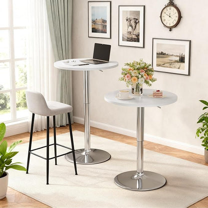 Shahoo Round Bar Table, Adjustable Height and 360° Swivel Bistro Pub Table, Cooktail Table for Bar, Bistro, Dining Room, White with Silver Base