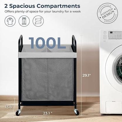 STO STO Laundry Hamper 2 Section, 100L Rolling Laundry Sorter Cart with Removable and Washable Liner Bag, Rolling Clothes Hamper with Metal Handle for Laundry Room and Bedroom, Gray