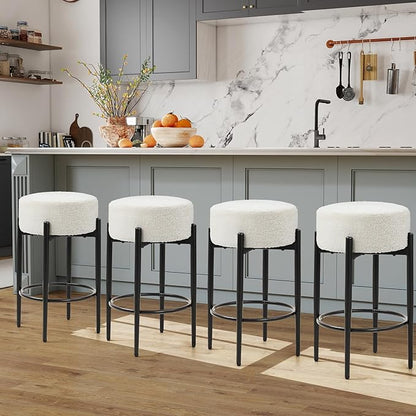 Counter Height Bar Stools, Set of 4, 24" Modern Backless Bar Stools, Ideal for Kitchen Counter, Kitchen Island, Boucle Sherpa Padded Cover, with Round Soft Seat and Foot Rest, White