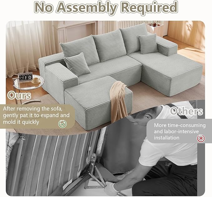 107" U-Shape Cloud Couch, Modern Modular Sectional Comfy L-Shape Sofa with Ottoman, Deep Seat, Upholstered Corduroy Sleeper Chaise Longue for Living Room Bedroom, No Assembly Required, Grey