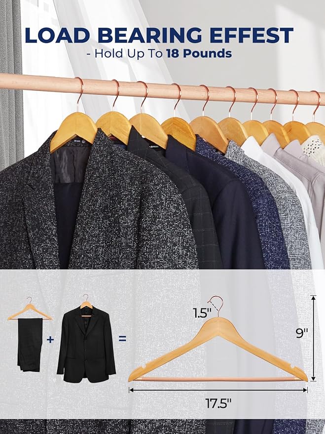 Smartor Wooden Hangers 20 Pack, Solid Wood Coat Hanger for Closet, Heavy Duty Wood Hangers for Suits, Shirts, Dresses, with 360° Rose Gold Hook, Non Slip Pant Bar, Natural