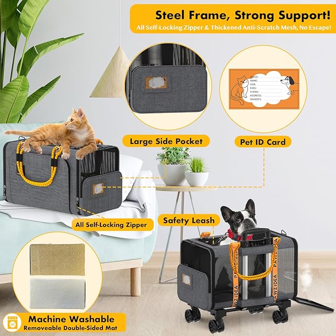 PAWZIDEA Expandable Pet Carrier with Wheels, 18"X11"X11" TSA-Approved Cat Carrier for 2 Cats Under Seat, Soft-Sided Top Load Dog Carrier for Small Dogs Rolling Travel Bag w/Telescopic Handle, ID Card