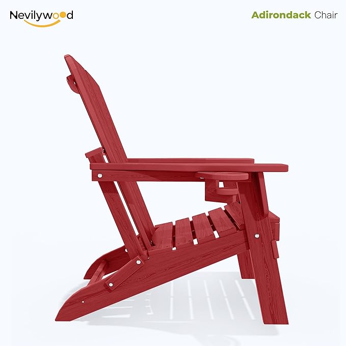 nevilywood Folding Adirondack Chair with Cup Holder Set of 4, HDPE Patio Chairs,All-Weather Outdoor Chairs for Backyard, Deck,Fire Pit-Red
