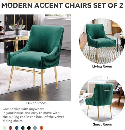 Dining Chairs, Accent Chairs Set of 2, Modern Upholstered Kitchen Dining Room Chairs with Gold Legs, Fabric Tufted Velvet Living Room Chairs for Reception Room Bedroom Guest Room (Deep Green)