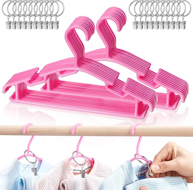 Baby Hangers with Metal Ring Clips, Children Plastic Hanger for Kids Pants Clothes Closet, 20 Pack, Rose red