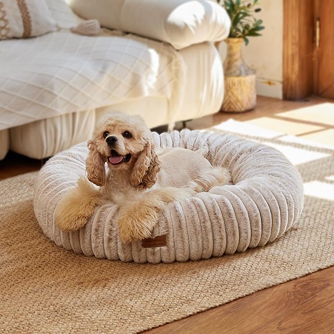 FUKUMARU Dog Bed, Calming Donut Dog Beds for Anxious Dogs, Modern Aesthetic Cat Bed with Gradient Print, Cute Round Pet Beds with Washable Cover, Orthopedic Puppy Bed, Camel, Medium, 30 inches