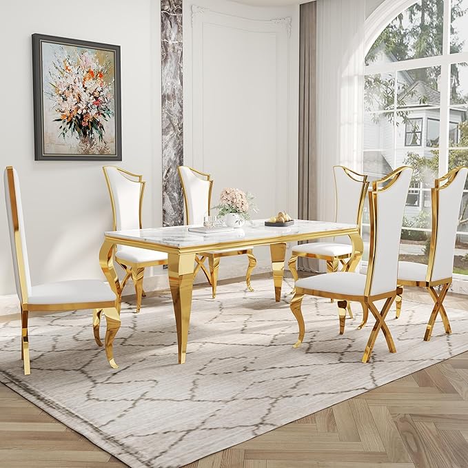 7-Piece Dining Table Set for 6, Modern Dining Room Set with 70'' Marble Dinner Table and 6 High-Back Upholstered Chairs, Stainless Steel Legs Table & Chair Set for Kitchen, White & Gold