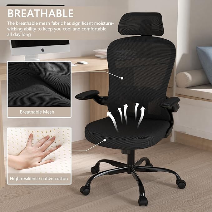 Office Chair, High Back Ergonomic Desk Chair, Breathable Mesh Desk Chair with Adjustable Lumbar Support and Headrest, Swivel Task Chair with flip-up Armrests, Executive Chair for Home Office