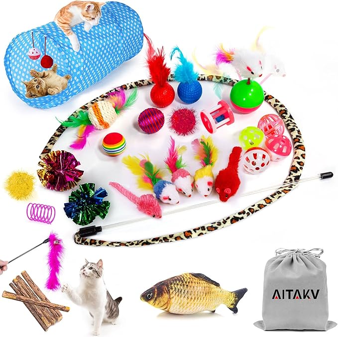 AILUKI 35 PCS Cat Toys Kitten Toys Assortments,Variety Catnip Toy Set Including 2 Way Tunnel,Cat Feather Teaser,Catnip Fish,Mice,Colorful Balls and Bells for Cat,Puppy,Kitty