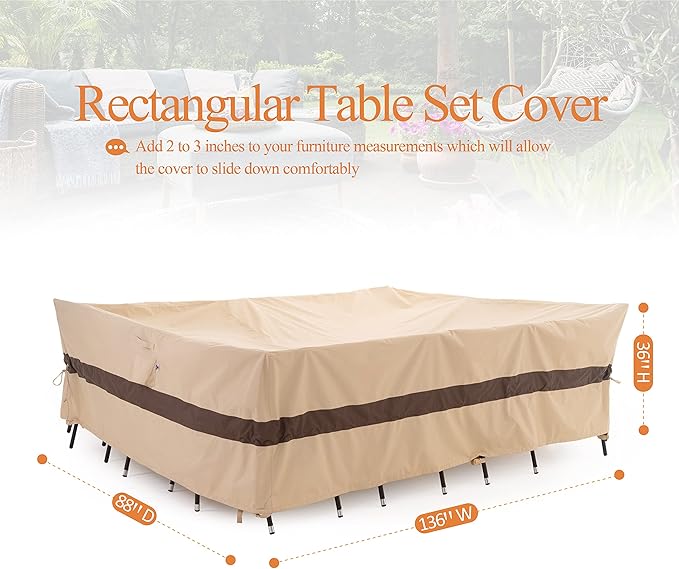 WJ-X3 Large Beige & Coffee Heavy-Duty Patio Table Cover, 136x88x36in, Waterproof, Wind-Resistant, Anti-Fade - Ideal for Sectional Outdoor Furniture Sets