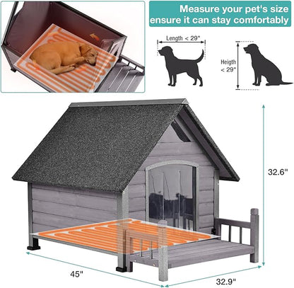 Dog House Outdoor, Insulated Dog Kennel Outside for Large Breed, 50.87" L Weatherproof Large Dog Shelter with Anti-Chewing Iron Frame (Grey-H, 45" D x 32.9" W x 32.6" H)