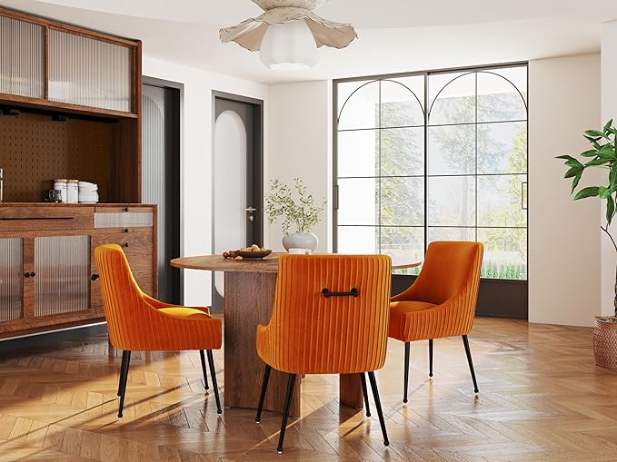 Velvet Dining Chairs Set of 4,Orange Upholstered Living Room Chairs with Black Metal Legs, Modern Tufted Accent Chairs for Living Room, Study Room, Kitchen